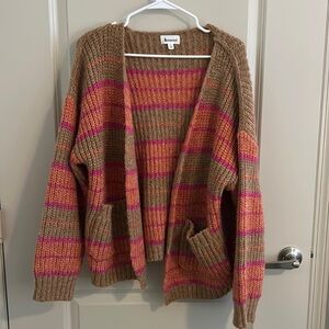 Vici brown, pink, orange cardigan. Size L for an oversized look. Large pockets.